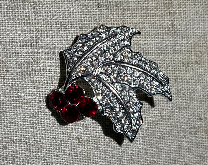 Vintage Monet Signed Holly Berry and Leaves Rhinestone Brooch