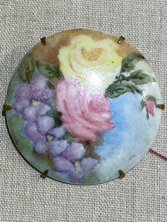 Antique Hand Painted Floral Porcelain Brooch - image 3