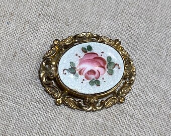 Signed Coro Enamel Brooch With Pink Rose