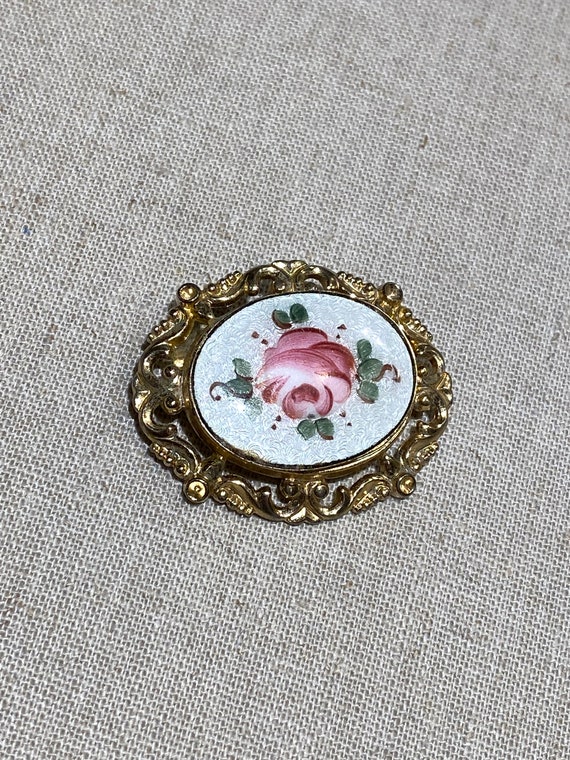 Signed Coro Enamel Brooch With Pink Rose