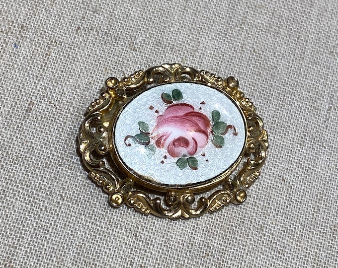 Signed Coro Enamel Brooch With Pink Rose