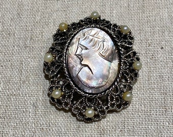 Vintage Carved Mother of Pearl Shell Cameo in Costume Setting