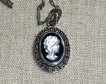 925 Sterling Silver Mother of Pearl Cameo Pendant With Marcasite Border