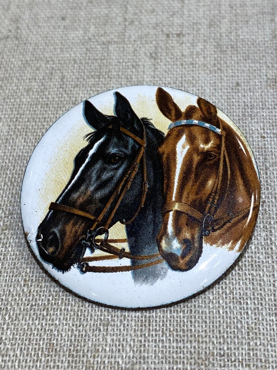 Round Enamel Brooch With Two Horse Heads - image 2