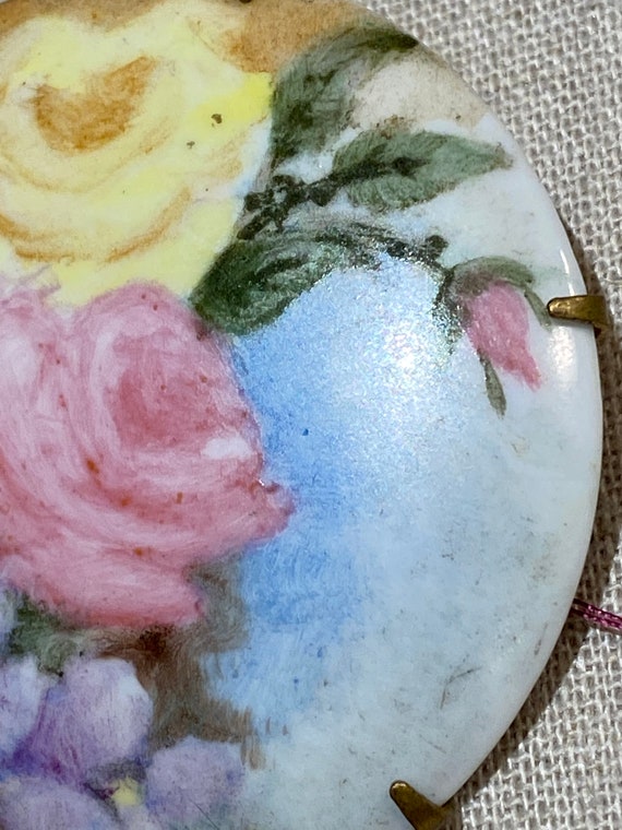 Antique Hand Painted Floral Porcelain Brooch - image 5