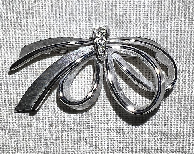 Signed Boucher Bow Shaped Silver Rhinestone Brooch