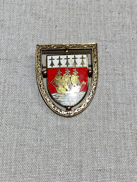 Heraldic Red and White Enamel Ship Brooch