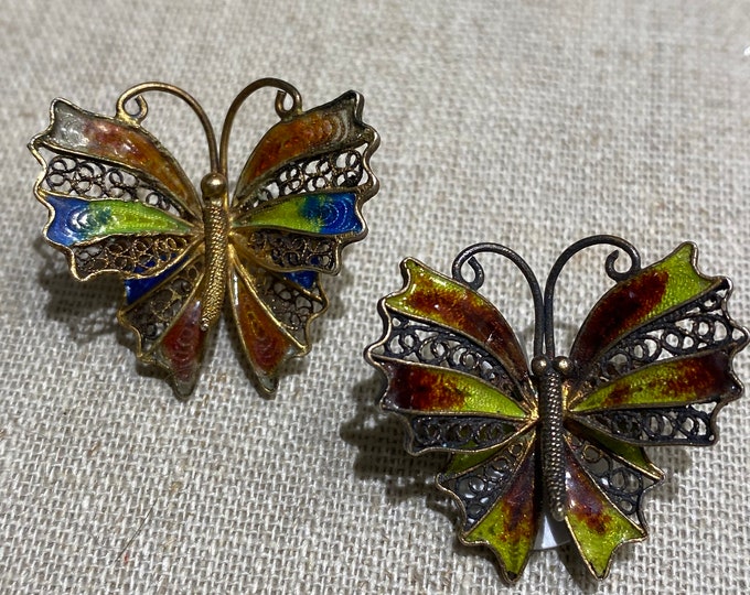 Set of Two 800 Silver Vermeil Enamel Butterfly Brooches