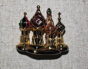 Signed Joan Rivers Gold Tone and Enamel Saint Basil’s Cathedral Brooch