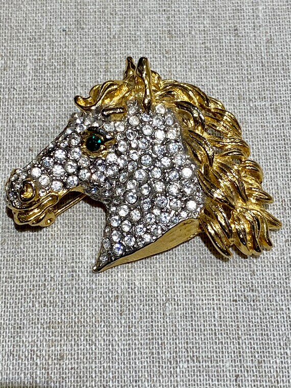 Pave Rhinestone Horse Head Brooch With Gold Tone … - image 2