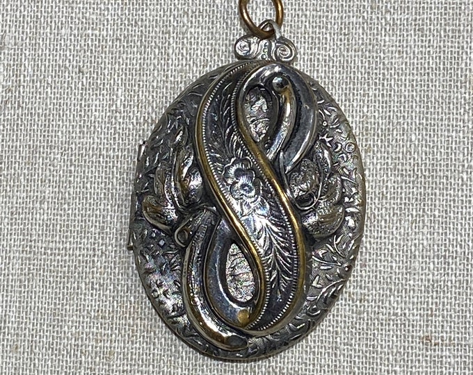 Vintage Worn Silver Tone Double Locket With Ornate Design