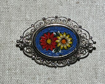 Oval Italian Micro Mosaic Brooch With Filigree Border