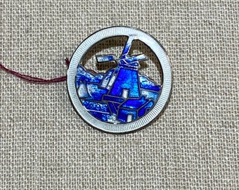 Vintage Blue and White Enamel on Sterling Brooch