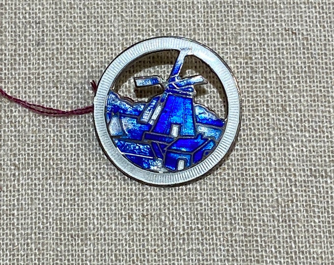 Vintage Blue and White Enamel on Sterling Brooch