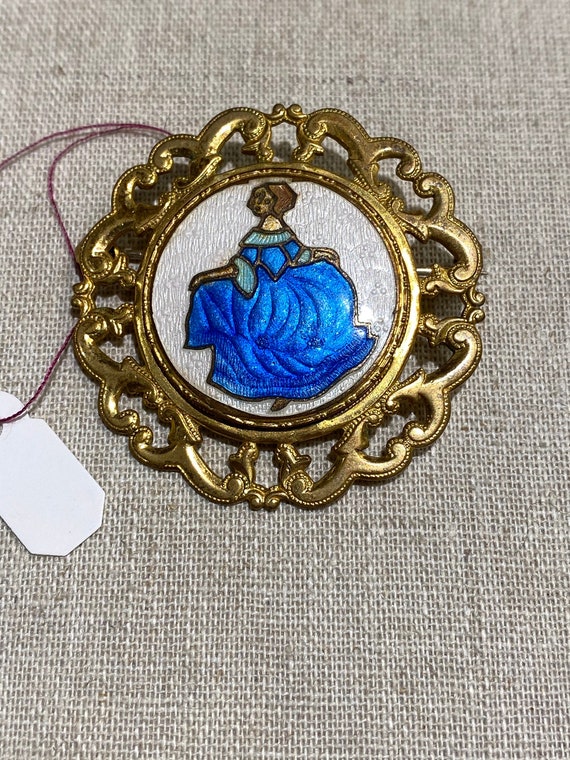 Guilloché Enamel Woman in Blue Dress Brooch