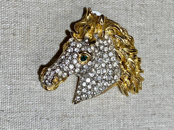 Pave Rhinestone Horse Head Brooch With Gold Tone … - image 3