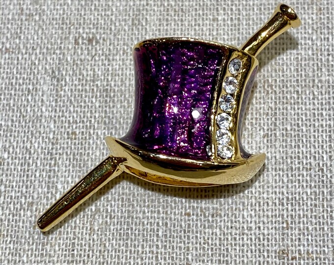 Purple Enamel Top Hat and Cane Rhinestone Brooch