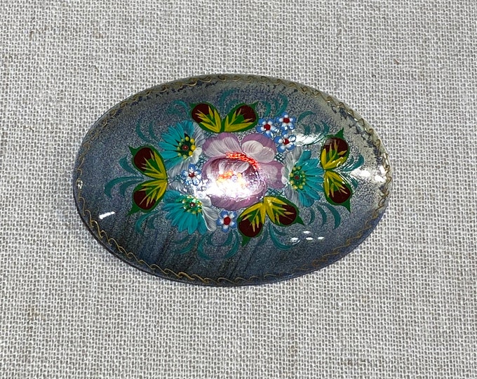 Signed and Dated Hand Painted Russian Lacquer Brooch