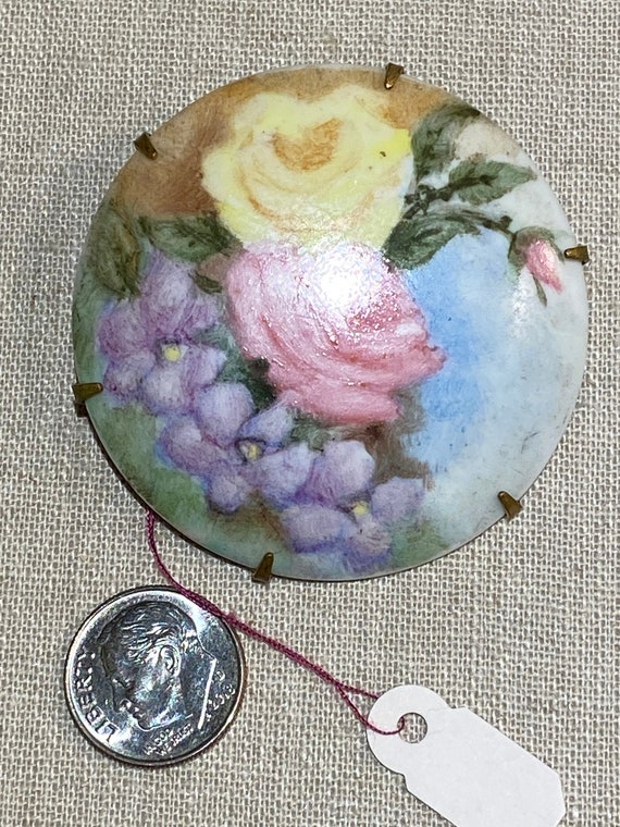 Antique Hand Painted Floral Porcelain Brooch - image 10