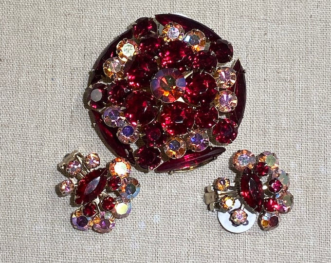 Vintage Red Rhinestone Brooch and Clip On Earring Set