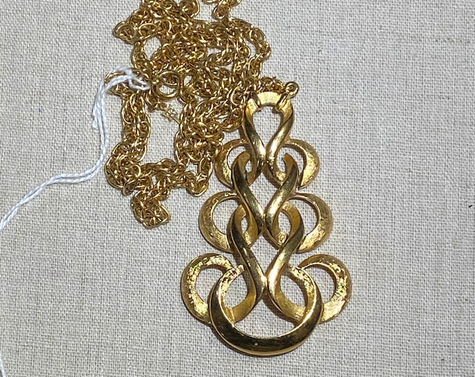 Crown Trifari Signed Brushed Gold Tone Pendant on Chain