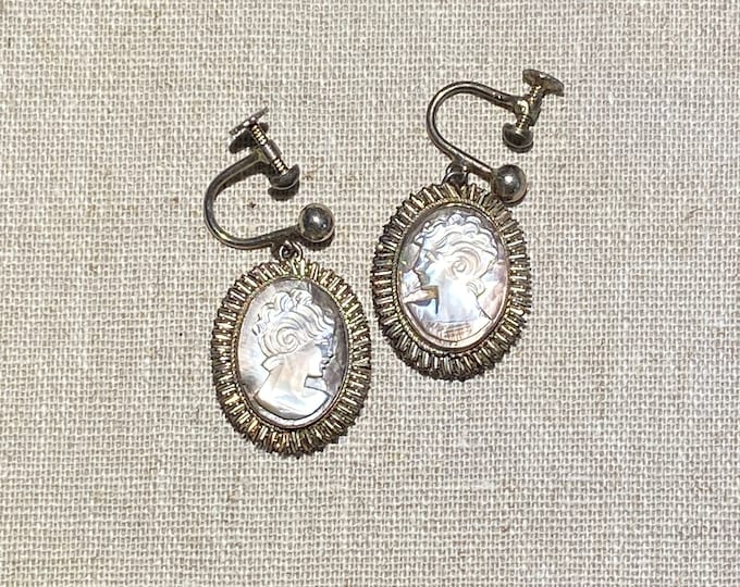 1940s Carved Mother of Pearl Cameo Screw Back Earrings