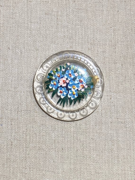 Carved Clear Lucite Brooch With Hand Painted Flowe