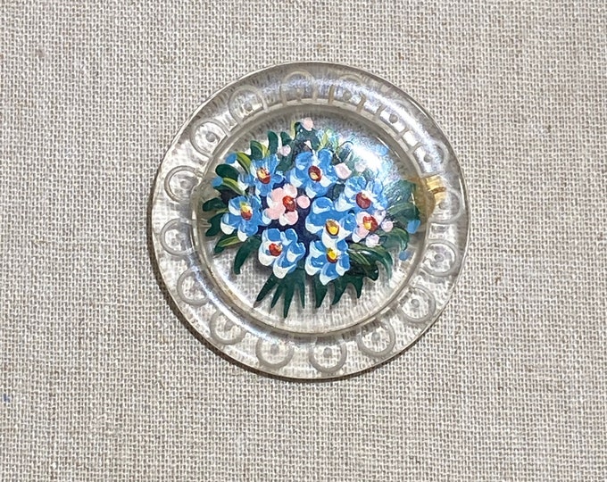 Carved Clear Lucite Brooch With Hand Painted Flowers