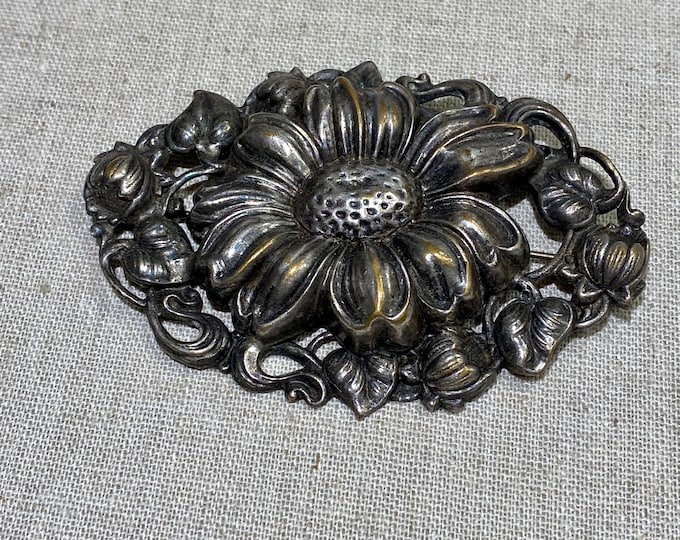 Antique Victorian Well Worn Repousse Metalwork Brooch
