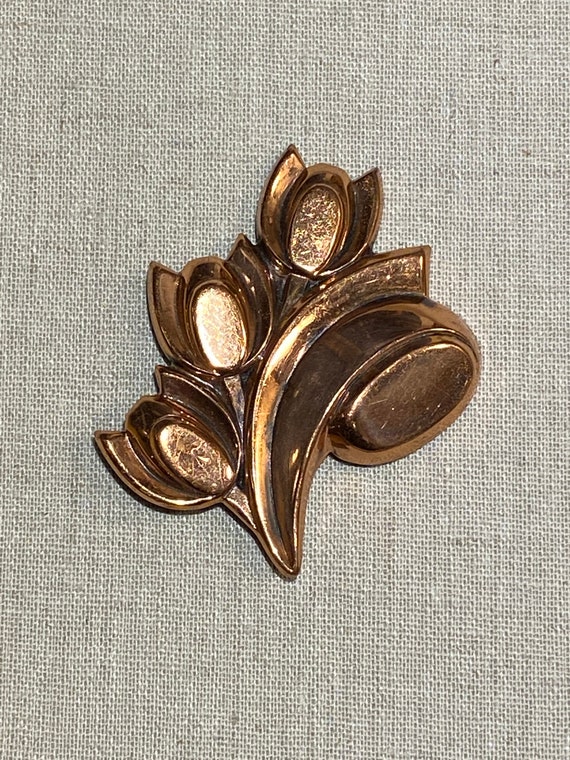 Signed Renoir Copper Stylized Tulips Brooch