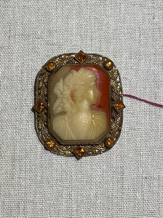 1930s Era Plastic Cameo Brooch With Rhinestones i… - image 2