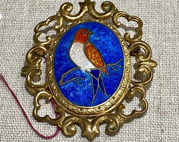 Vintage Enamel Bird Brooch in Ornate Setting