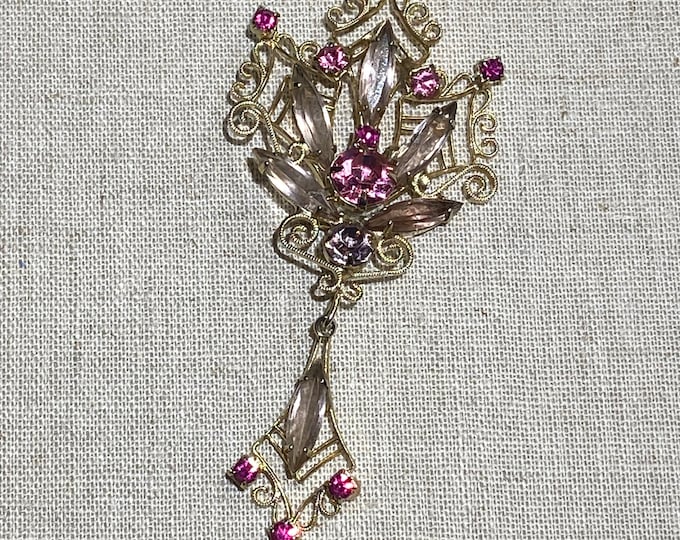 Vintage Prong Set Rhinestone Brooch With Dangle Drop