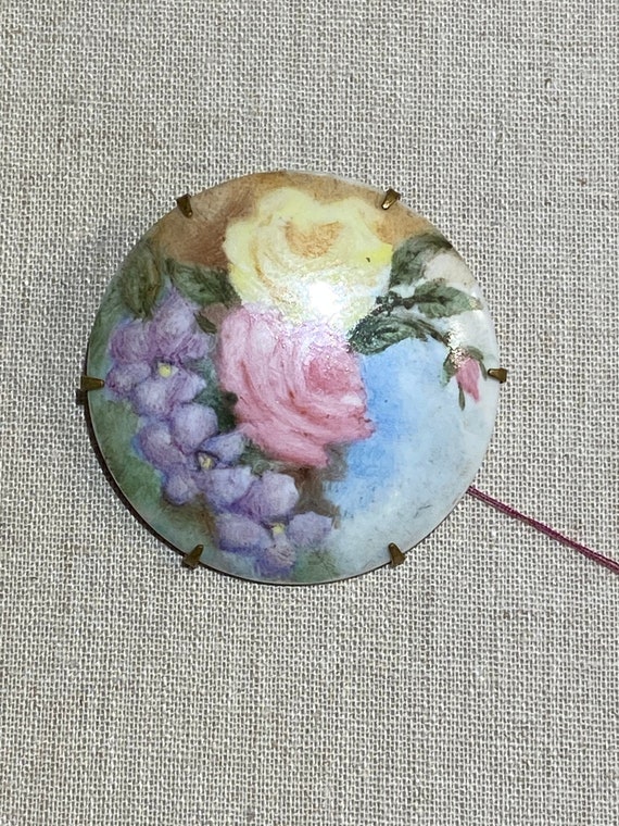 Antique Hand Painted Floral Porcelain Brooch - image 2