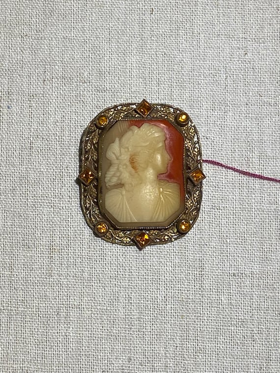 1930s Era Plastic Cameo Brooch With Rhinestones in