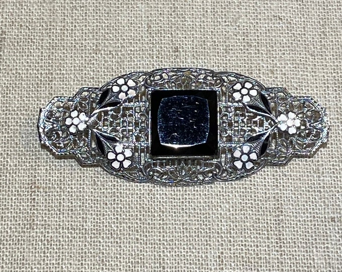 1920s Rhodium Plated Filigree Brooch With Enamel Flowers and Black Onyx