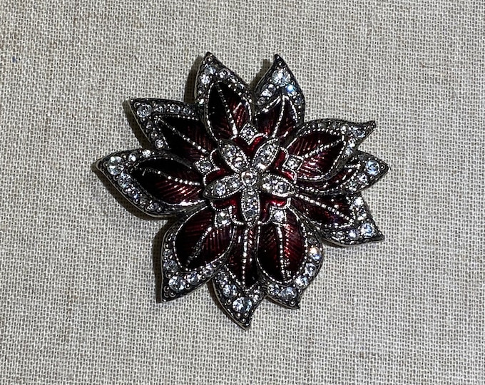 Modern Signed Monet Enamel and Rhinestone Flower Brooch