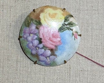 Antique Hand Painted Floral Porcelain Brooch