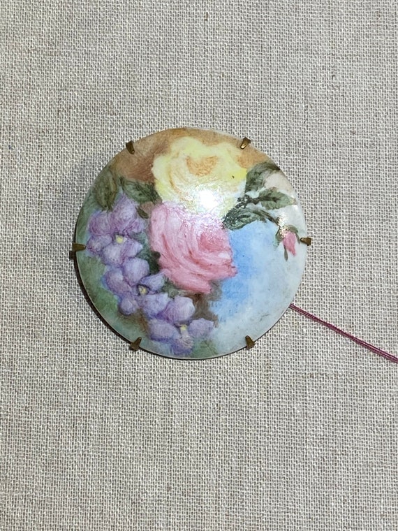 Antique Hand Painted Floral Porcelain Brooch