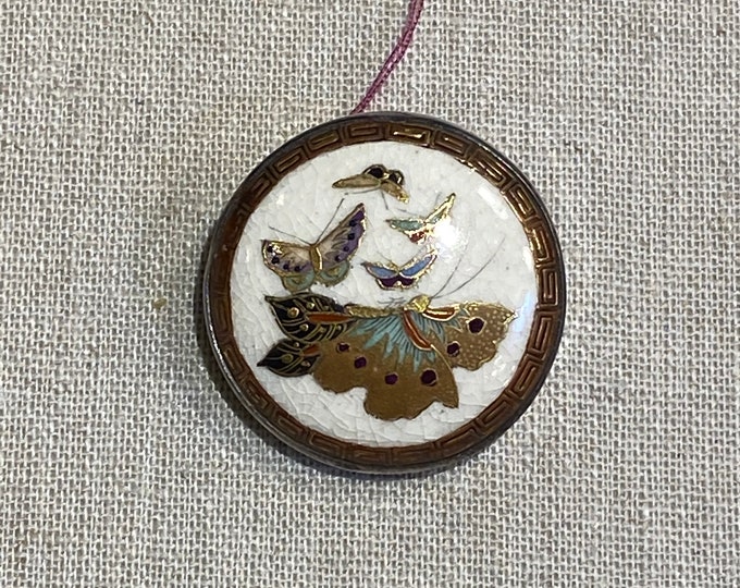 Antique Hand Painted Porcelain Disk or Button With Butterflies Made Into a Brooch