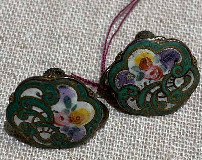 Victorian Hand Painted Enamel Buttons Made Into Screw Back Earrings