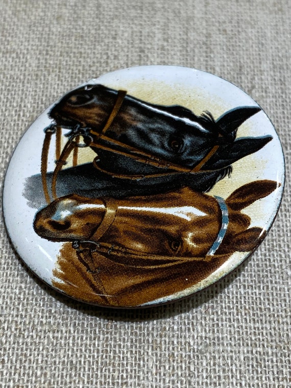 Round Enamel Brooch With Two Horse Heads - image 4