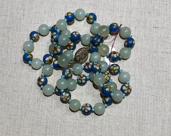 Jadeite and Cloisonné Individually Knotted Beads Necklace