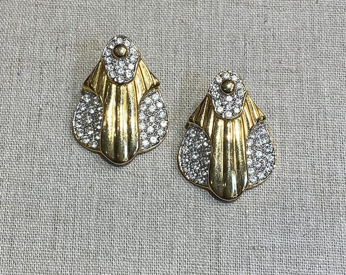 Signed E. Pearl Pave Set Rhinestone Clip On Earrings