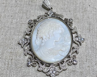 Large Hand Carved Mother of Pearl Sterling Brooch