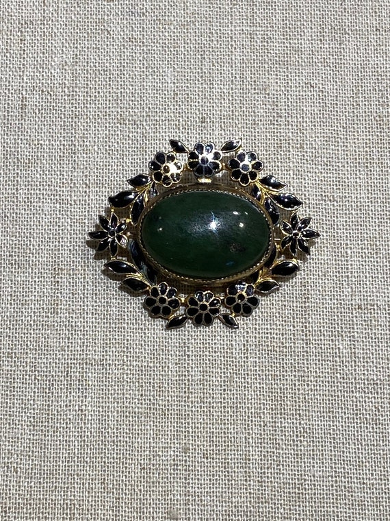 Early 1930s Jade Like Stone With Enamel Flowers Br