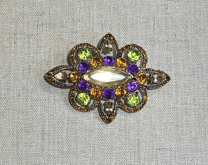 Signed Monet Multi Color Rhinestone Brooch