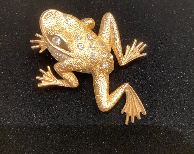 Signed Marvella Rhinestone Frog Brooch