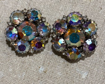 1950s Signed Warner Aurora Borealis Clip-On Earrings