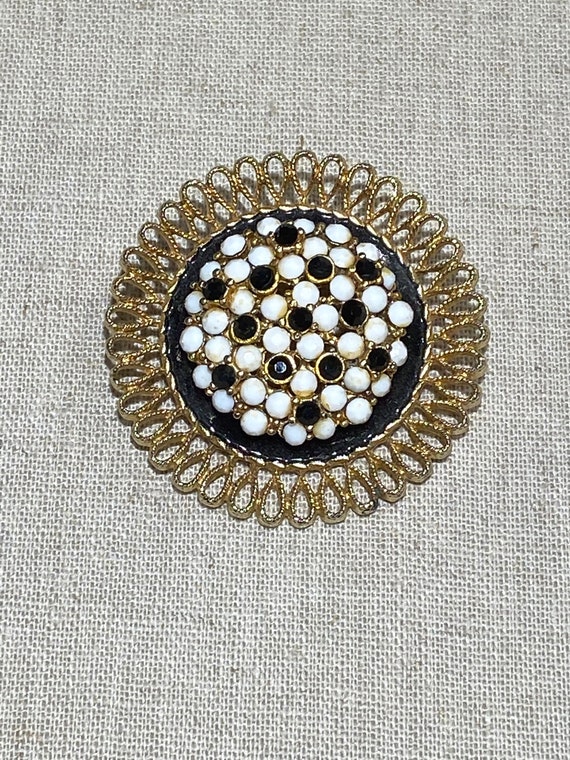 Signed Kramer Black and White Rhinestone Brooch